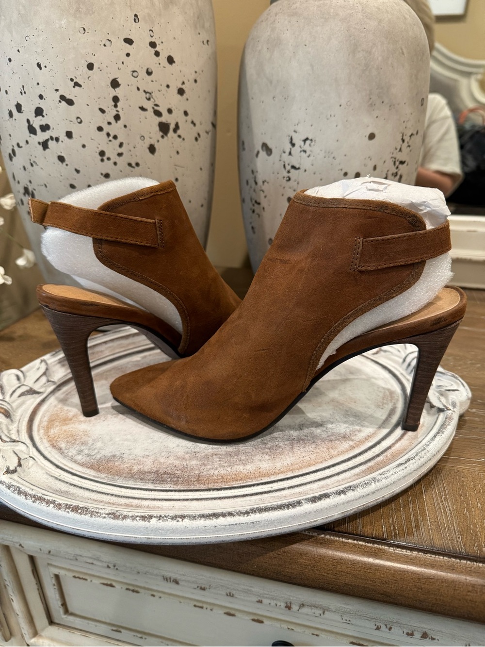 Lucky Brand Tan Suede Pointed-Toe Slingback Heels